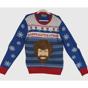 Spencers Christmas Sweater Bob Ross Embroidered Graphic Knit Pullover‎ Lights M